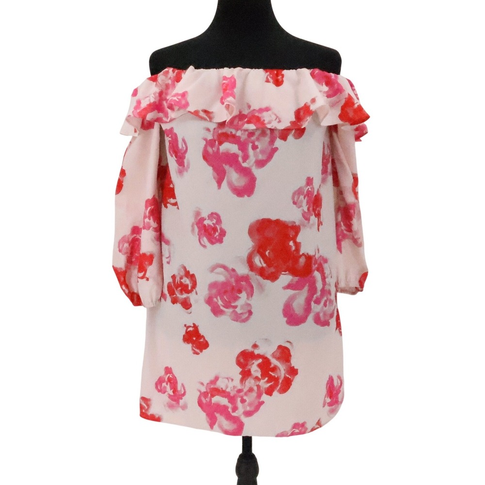 Amanda‎ U Floral Off Shoulder Ruffle Dress Womens Size L Pink Red Mini Party